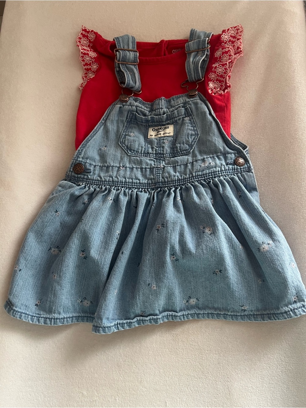 OshKosh B'gosh Light Blue Denim Pinafore with Red Ruffled Top